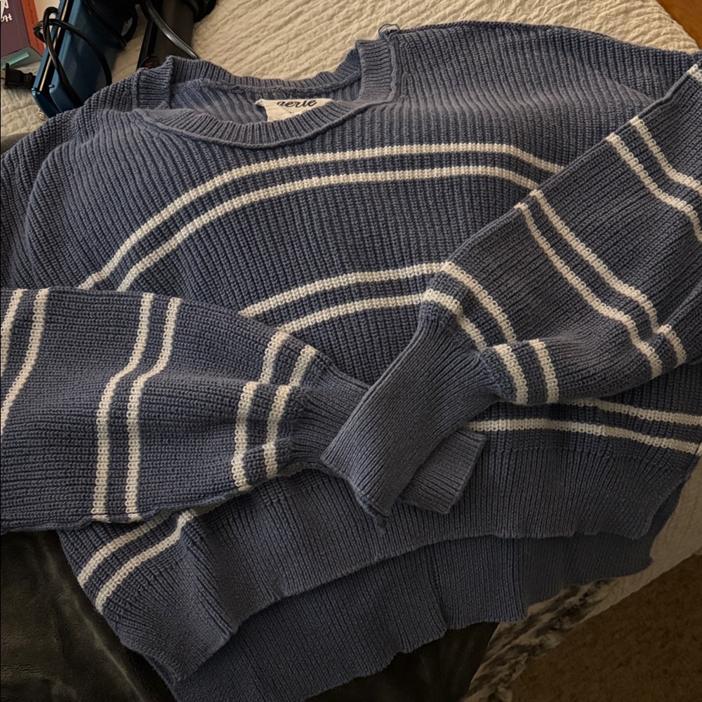 Aerie Navy and Cream Striped Crew Neck Sweater